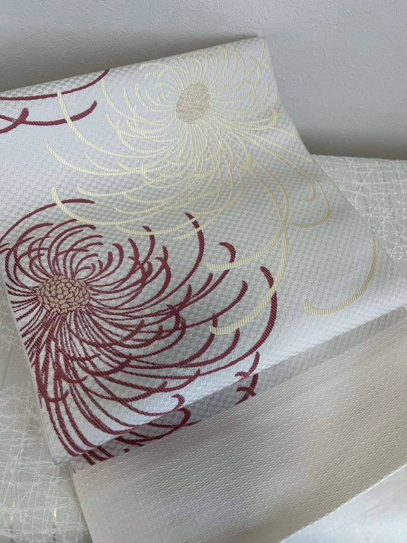 正絹 九寸名古屋帯♪ 能衣 菊唐草 絞り 地紋 紗綾形 華やかイエロー