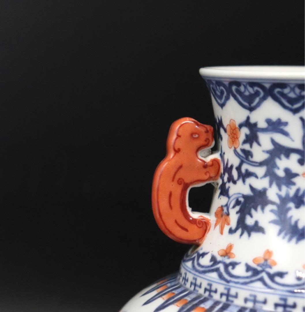 中国 染付ハン紅花卉紋雙耳瓶 大清乾隆年製銘 送料込み0907の通販はau