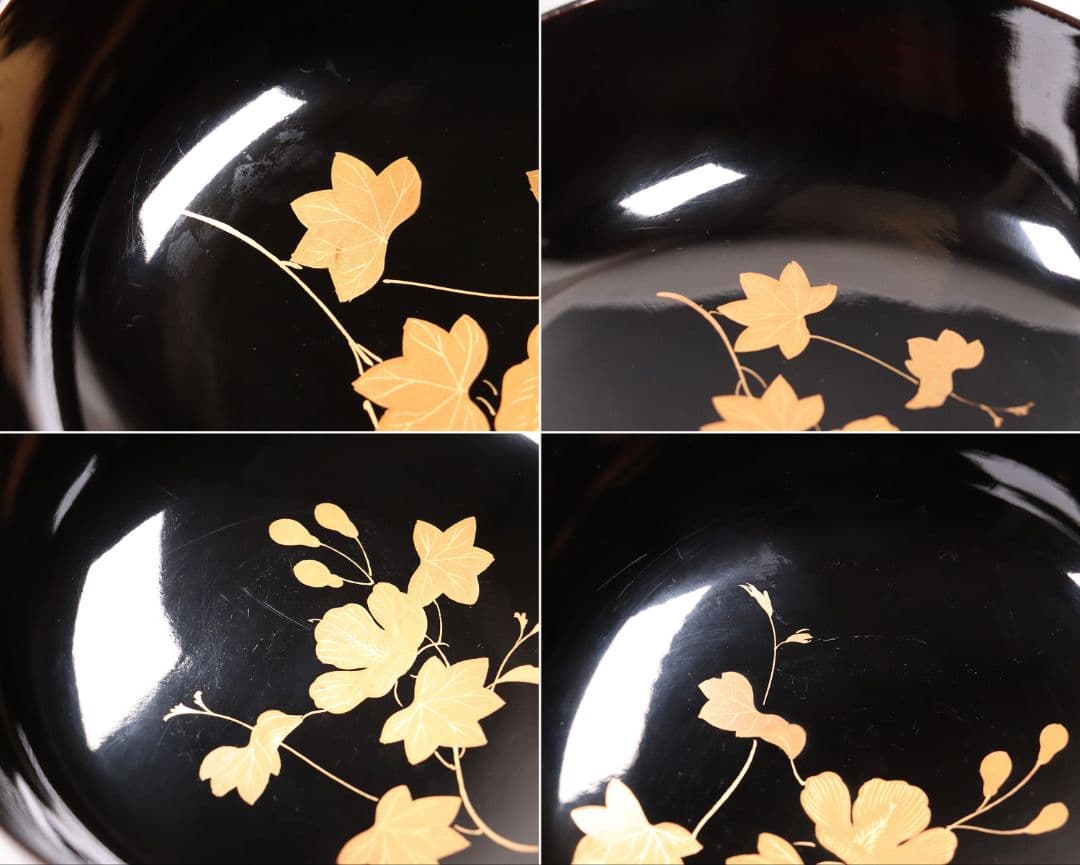 CL37 輪島塗 諫鼓鶏金蒔絵 黒塗椀 五客 木製漆器 鶏 太鼓 草花