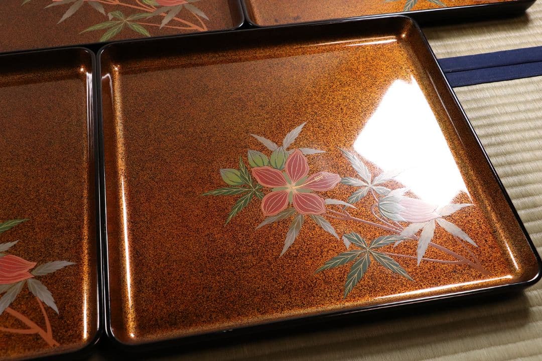 能登輪島塗 花蒔絵 梨地 四方膳 五客 38cm 木製 卓上 芙蓉【MA197】