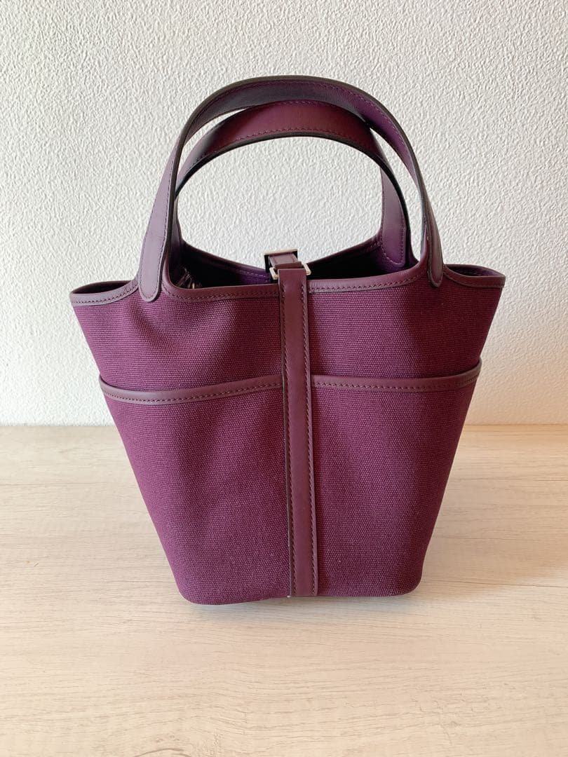 パープル 高級本革 キャンバス トリヨン バケツ キューブバッグ PM