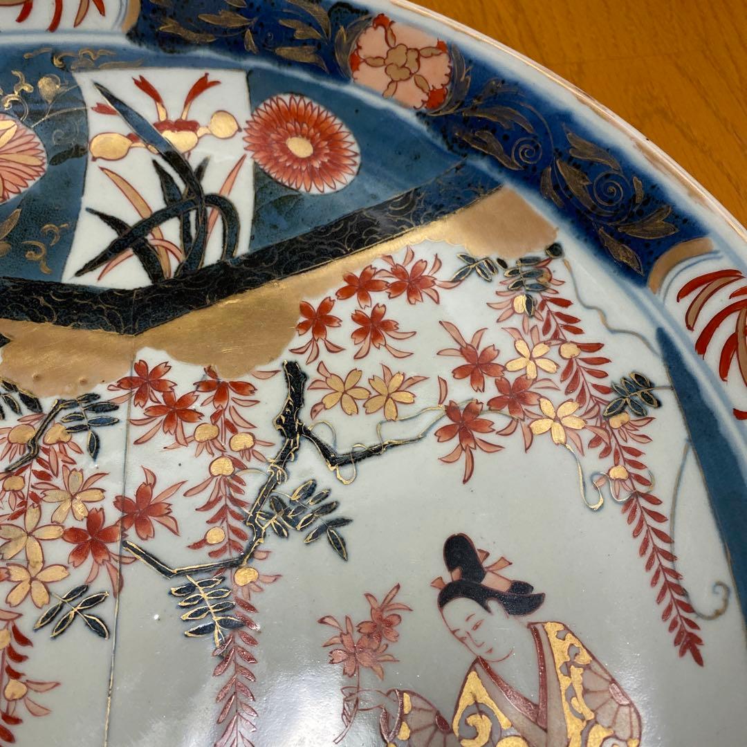 江戸時代　元禄　伊万里色絵窓抜美人花鳥図大飾皿