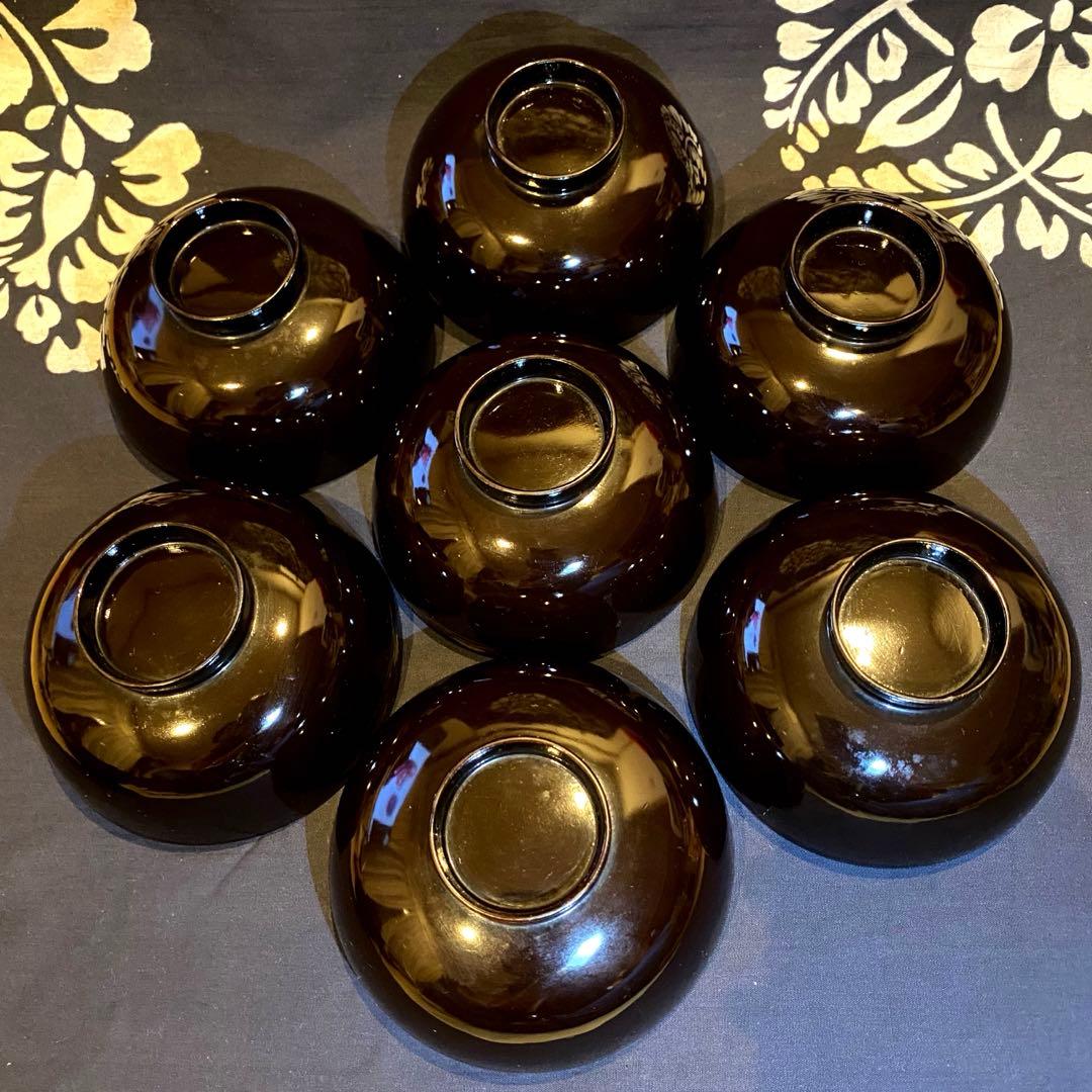 時代物骨董　木製漆器吸物椀七客　蒔絵・黒内朱　源氏物語　松風・葵の上　7客組