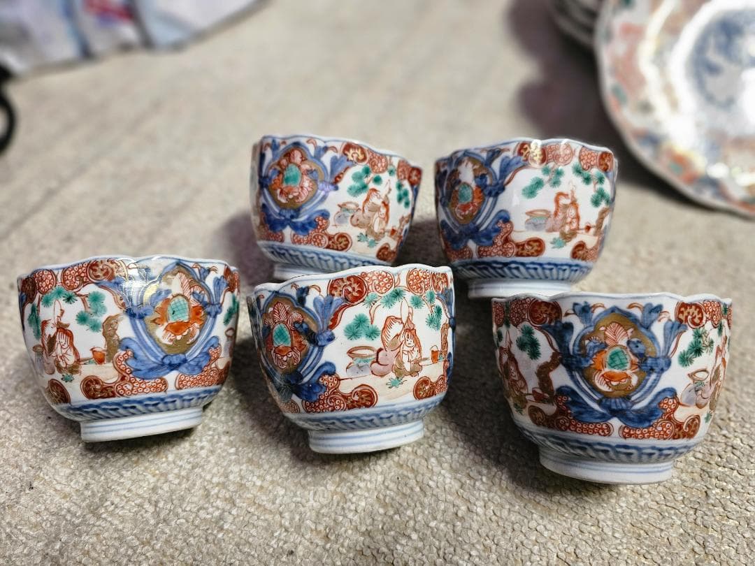 夏*J様 豪華‼️ 幕末明治の染錦 7寸中皿 小皿 なます皿 向付け 各種５客づ