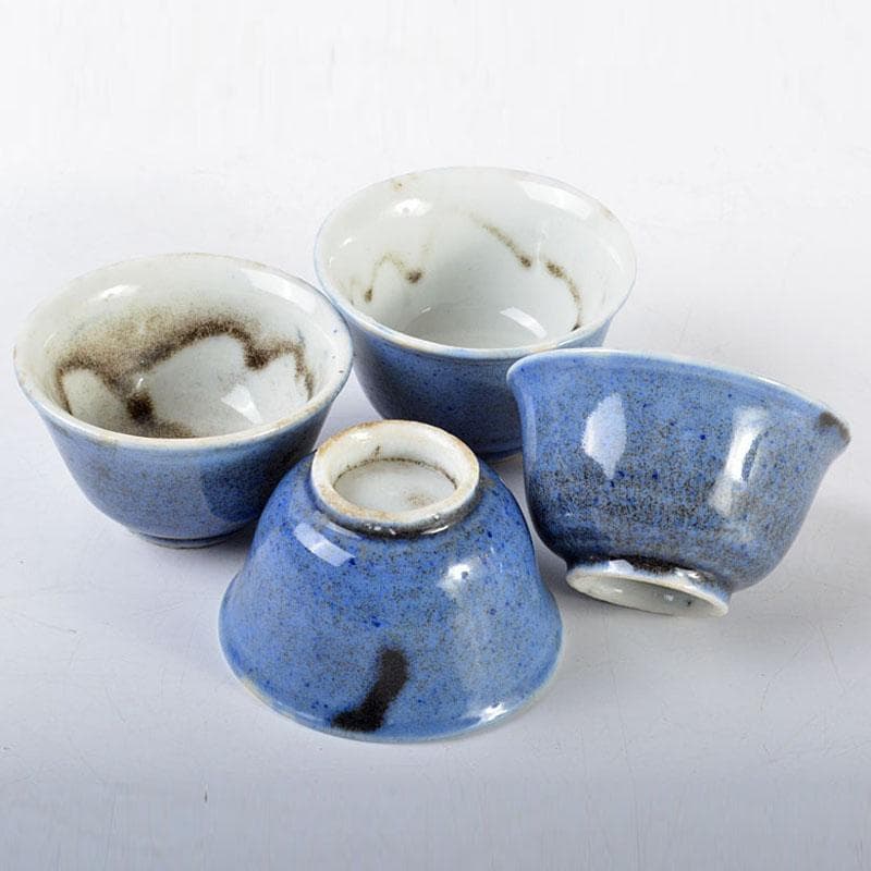 中国 藍釉吹墨 煎茶碗 四客 時代箱付 M R4521