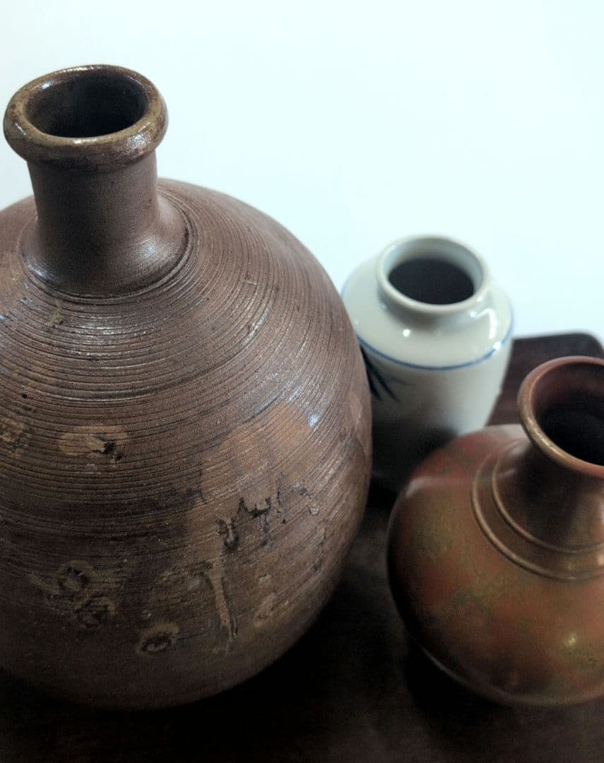 花瓶 3点セット 焼締め 壺 銅器風 花器 白磁 竹柄 和モダン インテリア