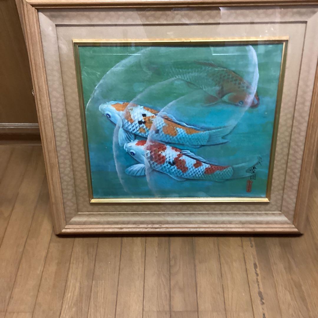 六代目　歌川豊国作　【　遊鯉図　】　木枠額装　日本画手描き板画
