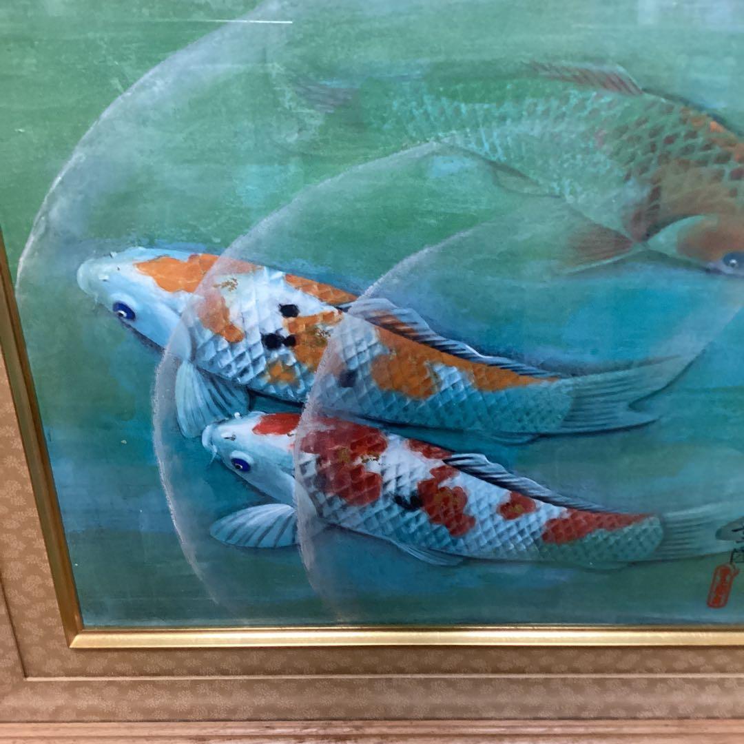 六代目　歌川豊国作　【　遊鯉図　】　木枠額装　日本画手描き板画