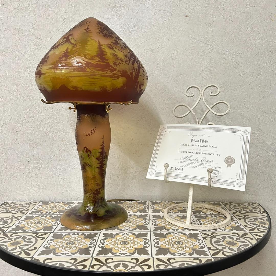 エミールガレ 真鍮台座 2灯ランプ 卓上照明 カメオ彫り 被せガラス