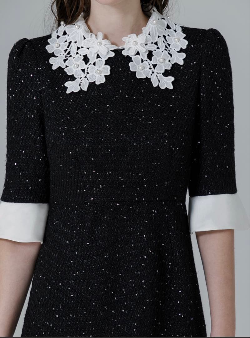 LEJA】花柄レースカラースパンコール刺繍Aラインフレアドレス