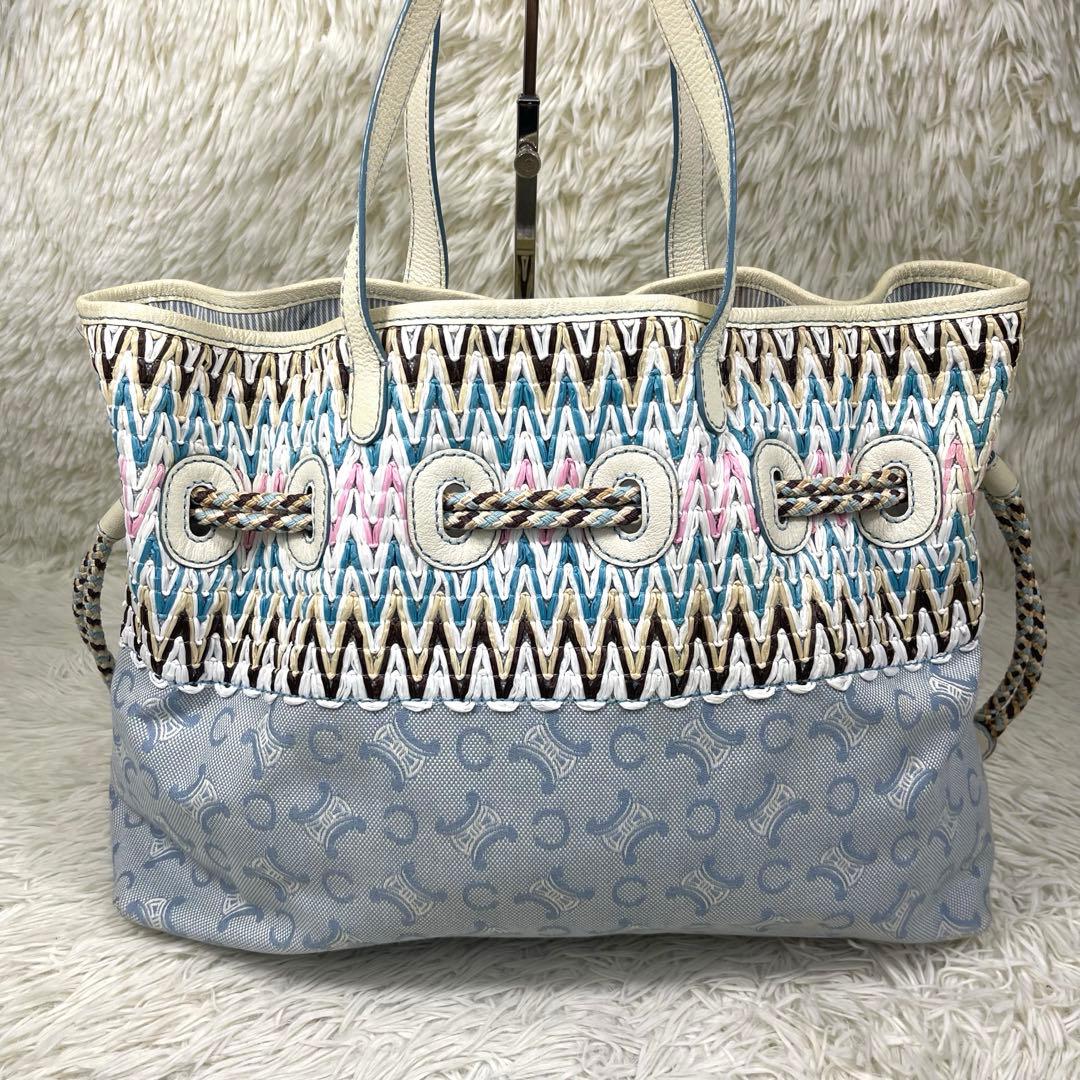CELINE ハンドバッグ　Cマカダム　ストローハンドバッグ　キャンバス