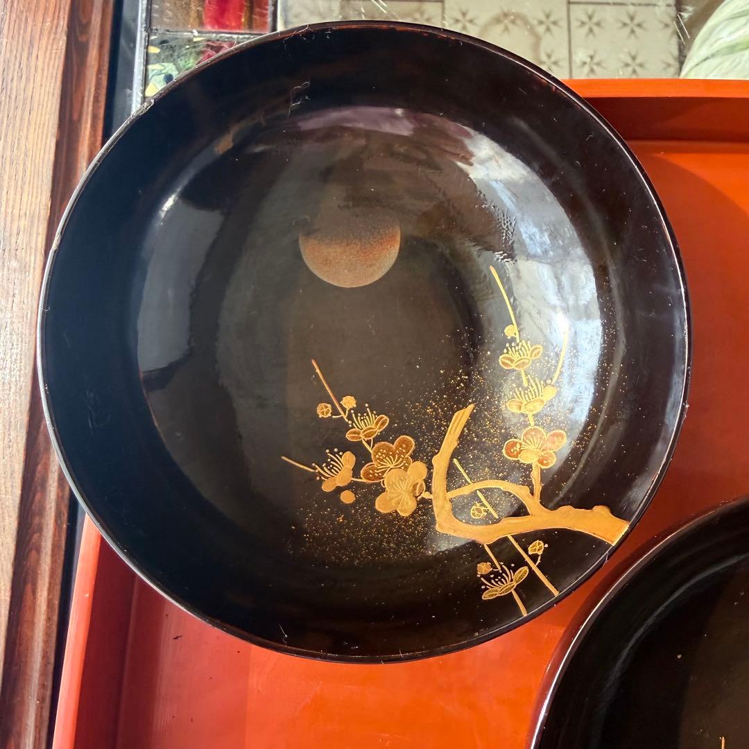 2182様感謝‼️JAPAN明治伏せ蒔絵天然木秘するが花‼️梅に鶯＆月　吸物椀 5客