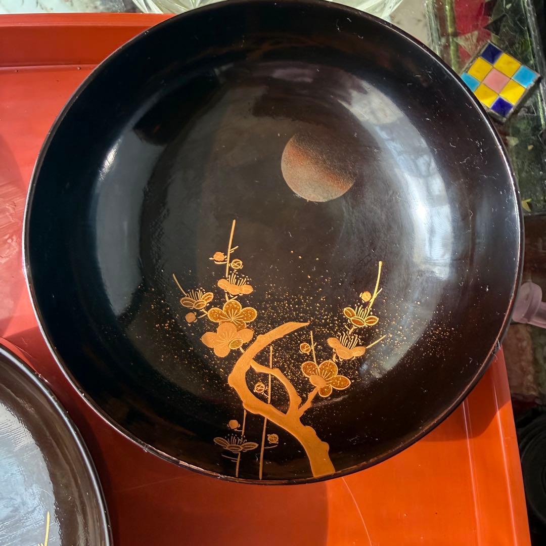 2182様感謝‼️JAPAN明治伏せ蒔絵天然木秘するが花‼️梅に鶯＆月　吸物椀 5客