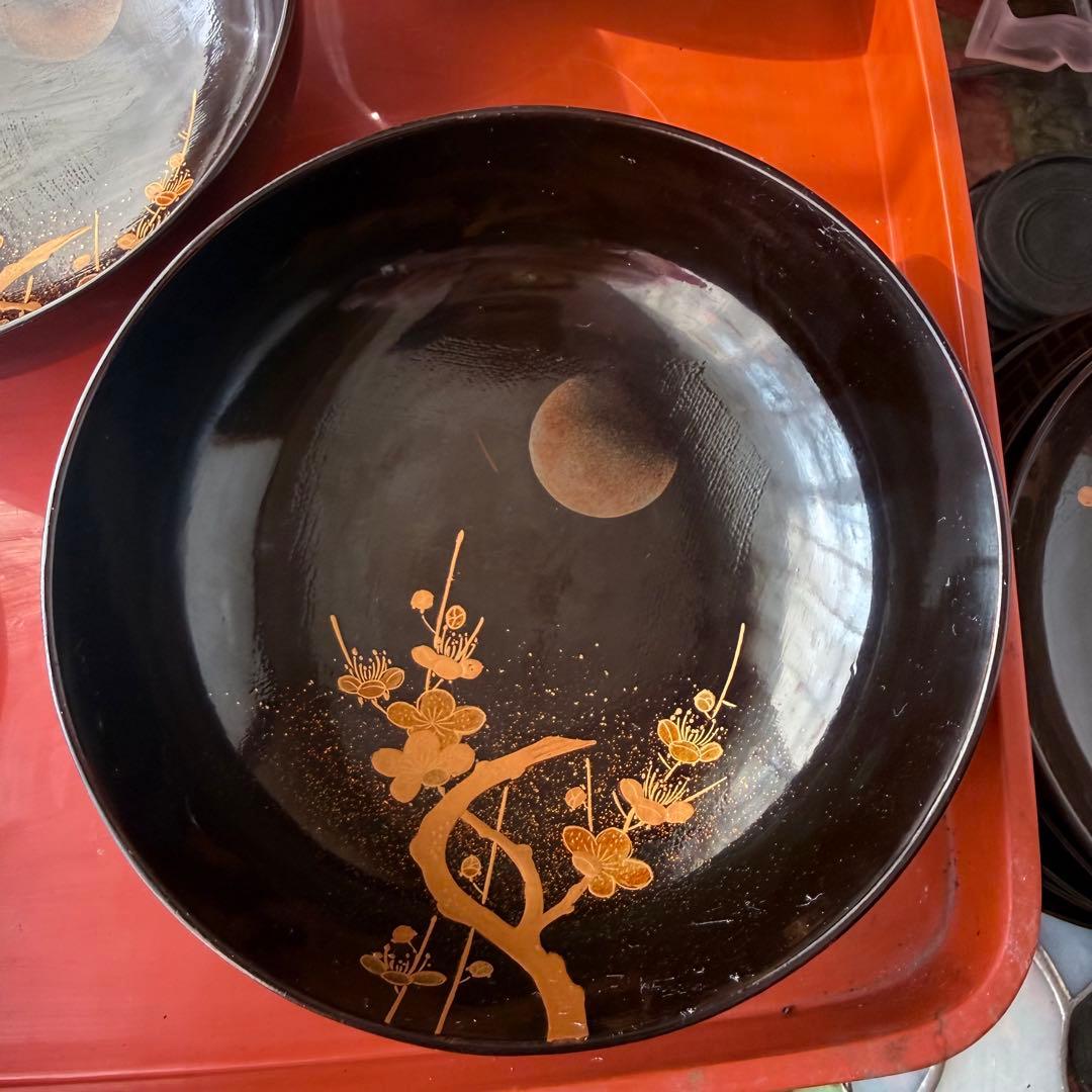 2182様感謝‼️JAPAN明治伏せ蒔絵天然木秘するが花‼️梅に鶯＆月　吸物椀 5客