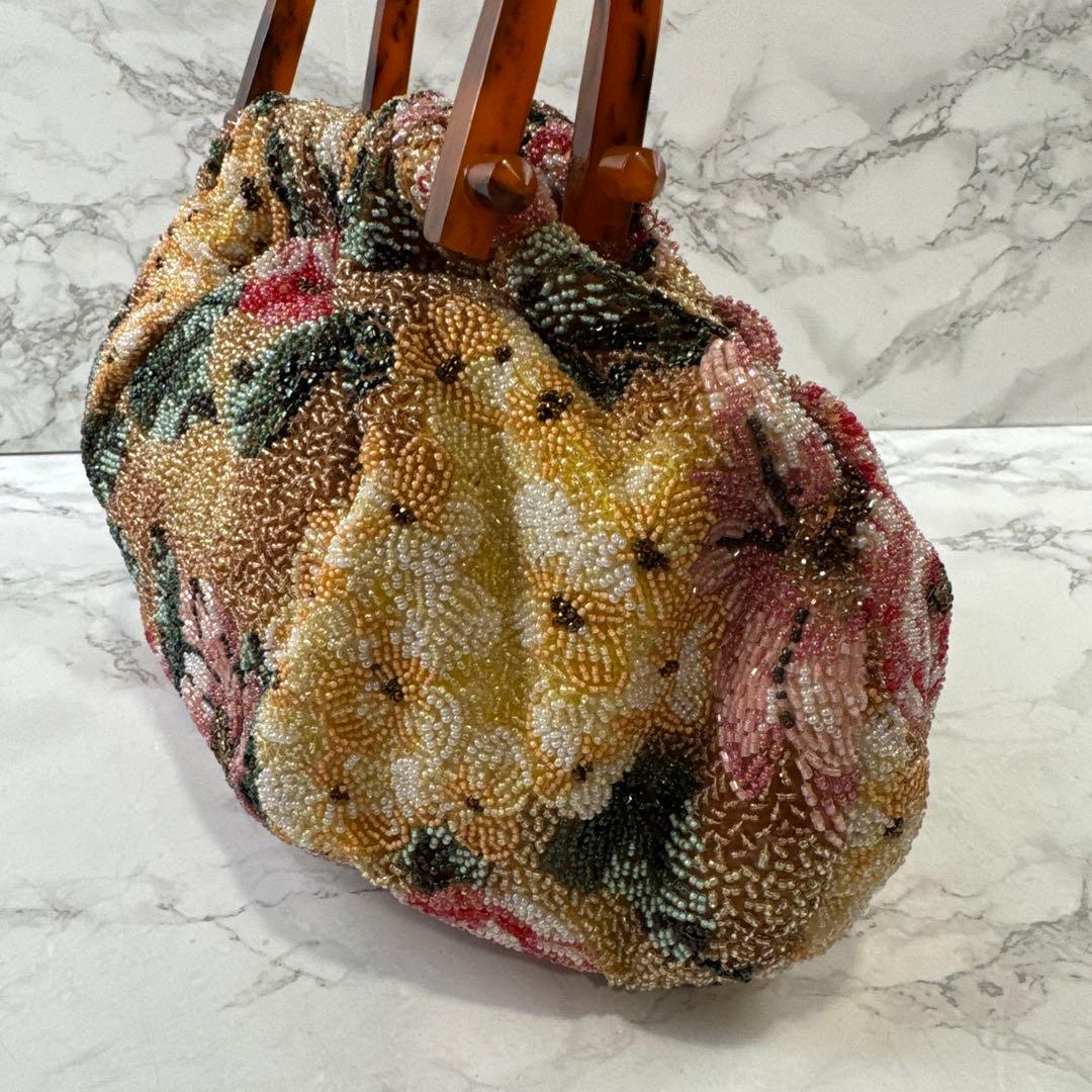 ノーブランド 花柄 ビーズ刺繍×鼈甲ハンドル アンティーク 和装ハンドバッグ