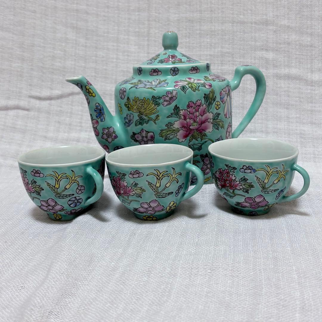 上品 花柄 中国茶器セット 陶器 水色 急須 茶碗3客 美 - メルカリ