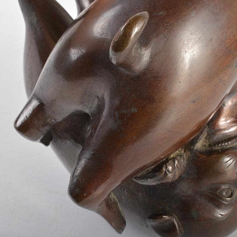 明治金工　古銅　子犬　双犬　置物　G　R6994