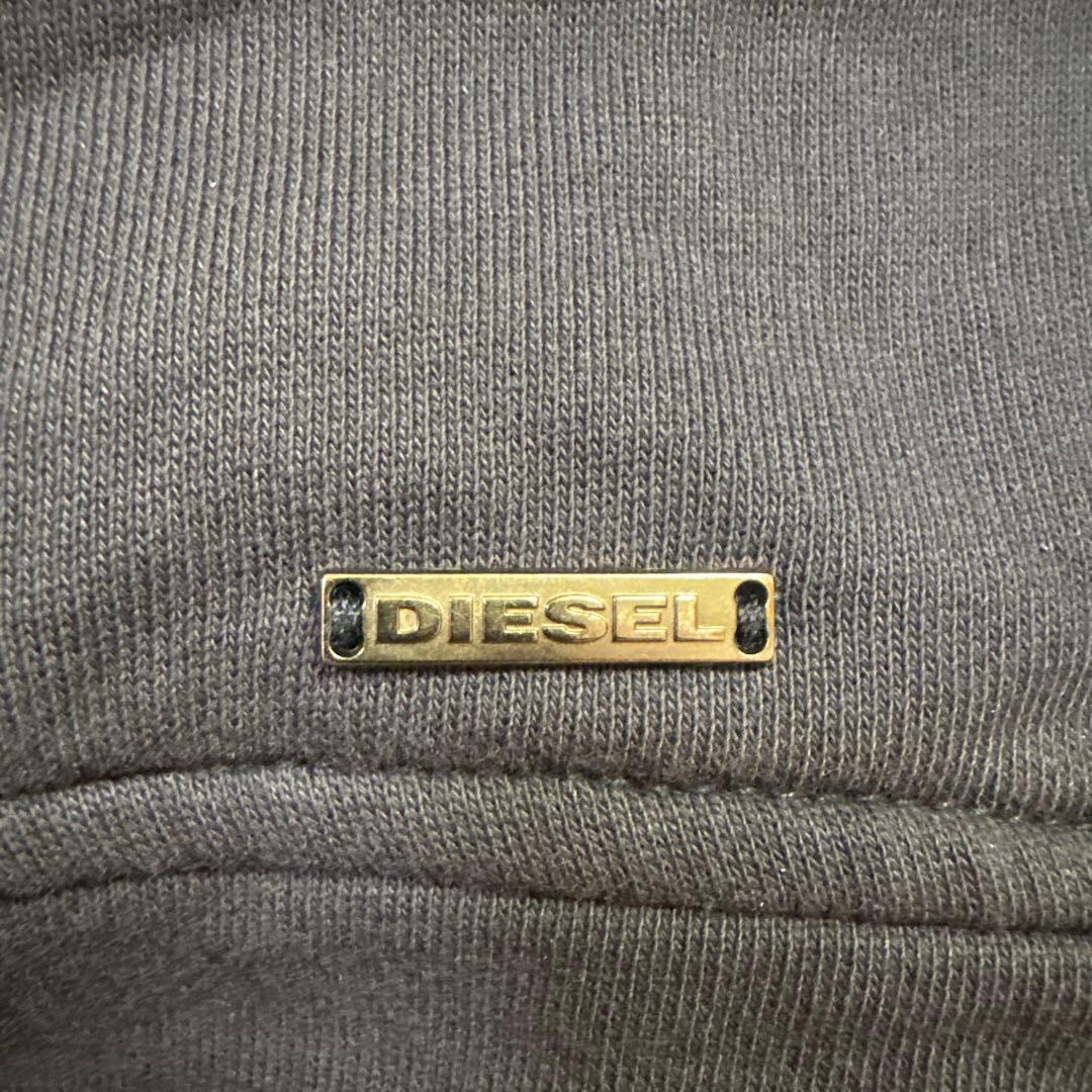 DIESELネイビー フード付き レザー袖 パーカー