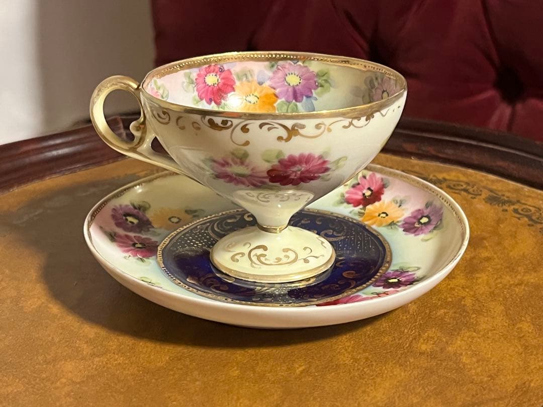 オールドノリタケ 金彩 総柄 高脚カップソーサー 花柄