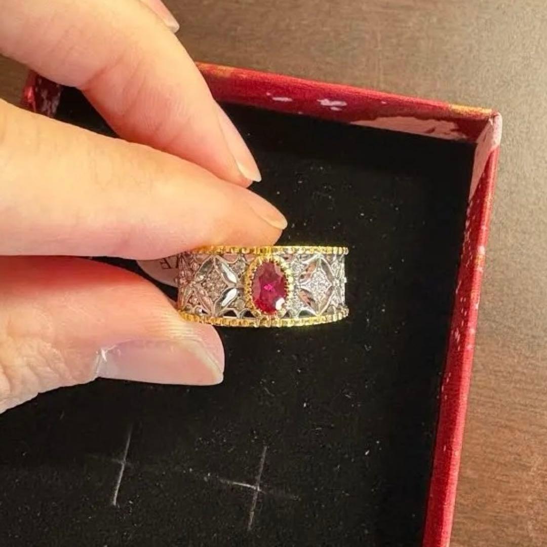 【けいこ様】ラボグロウン・ルビー 彫金ワイドリング／クラシックアンティーク