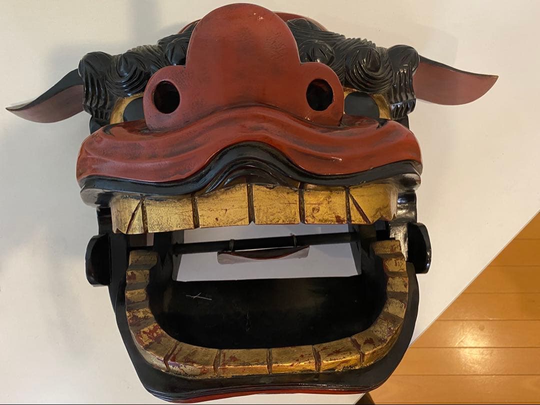 獅子舞 獅子頭 赤黒木製