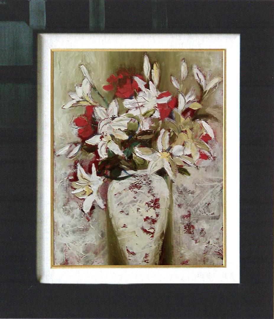 油絵 菅家令子 絵画インテリア 額付(青緑＋金色の枠) uF6-112402ゆり