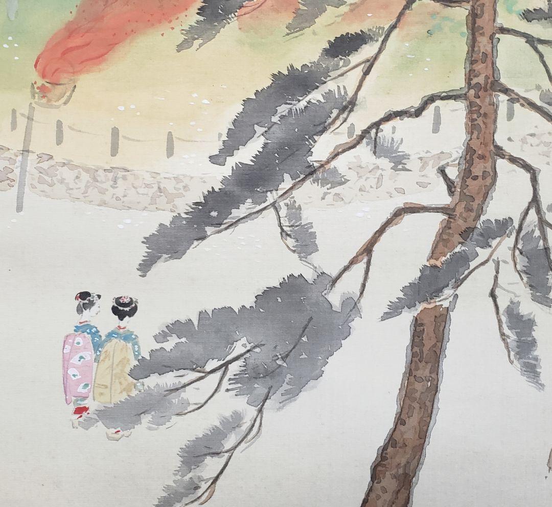 【舞妓円山花見夜桜図】小松華影 711 円山公園垂れ桜　京都　掛け軸　肉筆