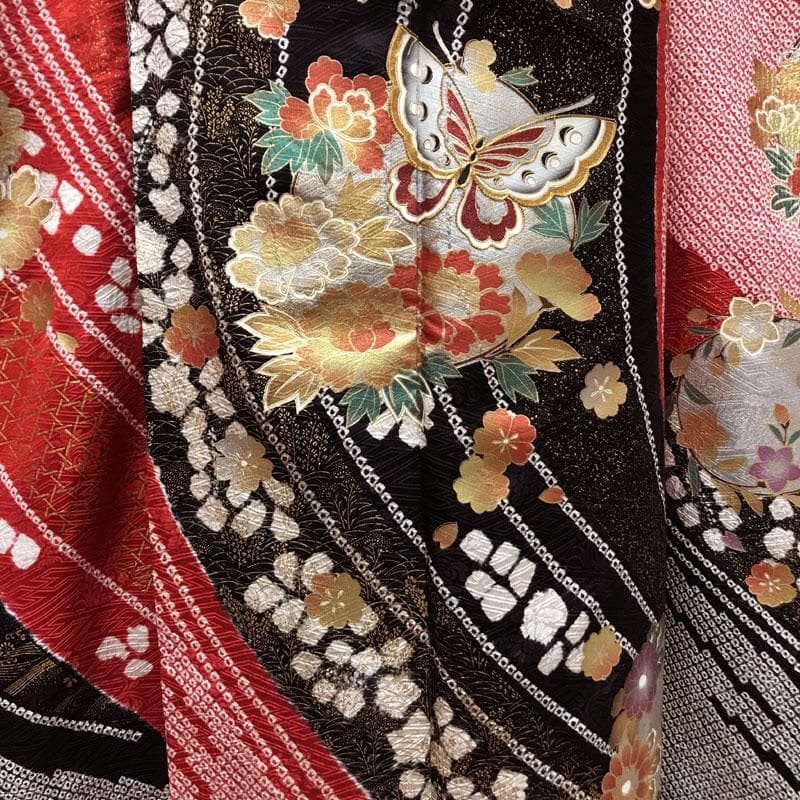 512aj42◎振袖のみ 部分絞り 花丸 成人式 結婚式 十三参り 赤黒◎の