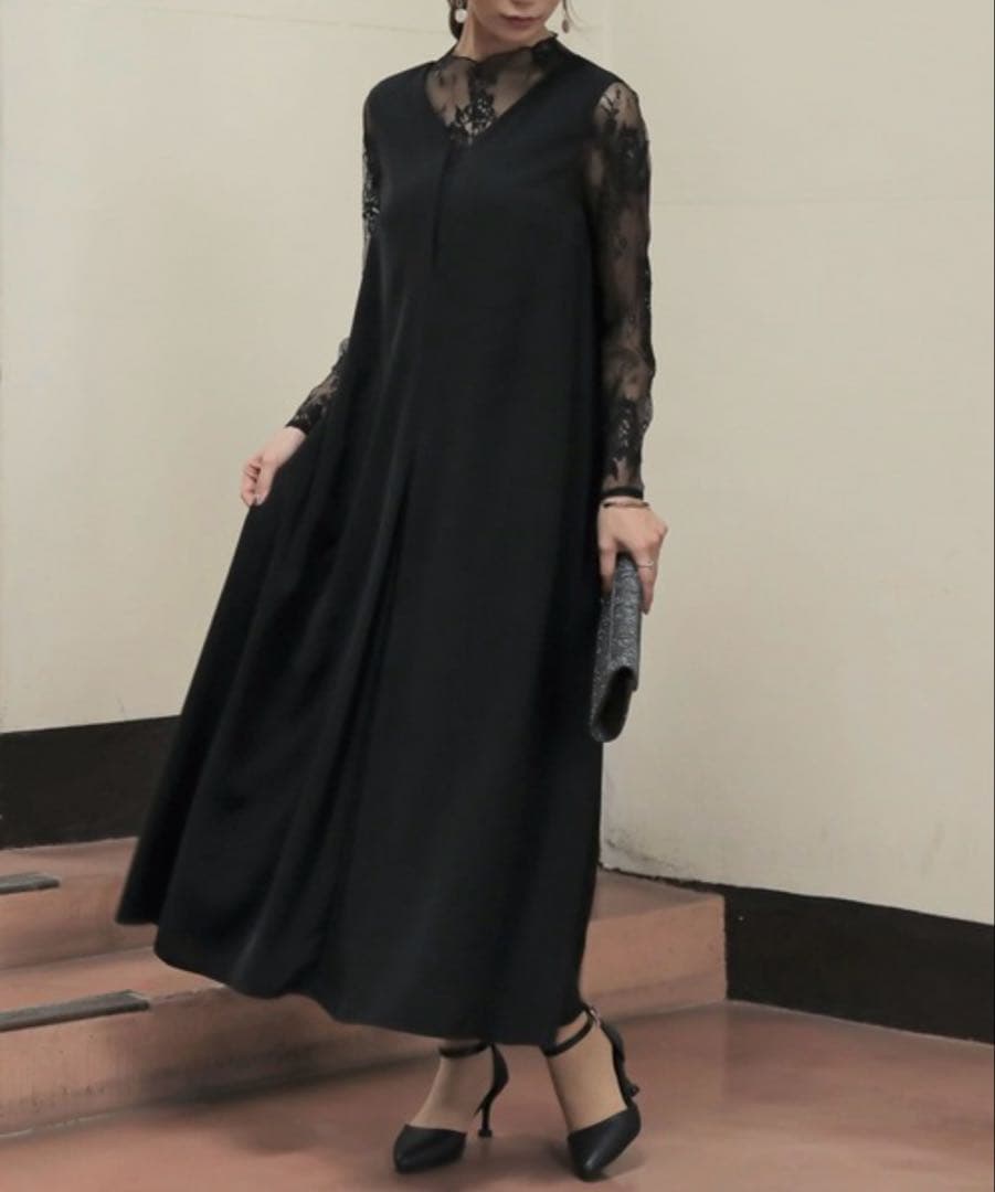 epic day メローレースAラインロングドレス　ブラック　パーティードレス