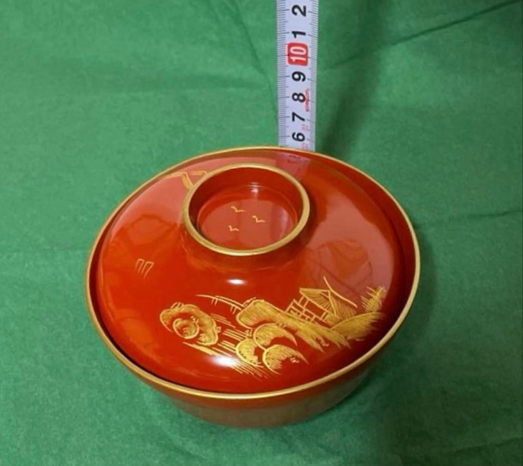 赤い漆器金彩蓋付き椀 5個セット紙箱付き