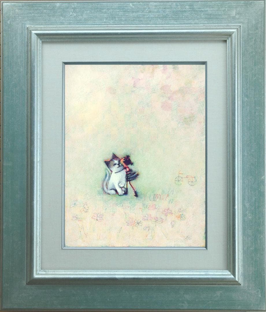 油絵 菅家令子 絵 絵画 インテリア額付(白) F3-051621 子猫と女の子