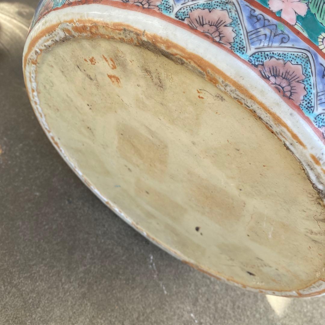 中国古玩　青系花柄陶器製水鉢37cm28cm