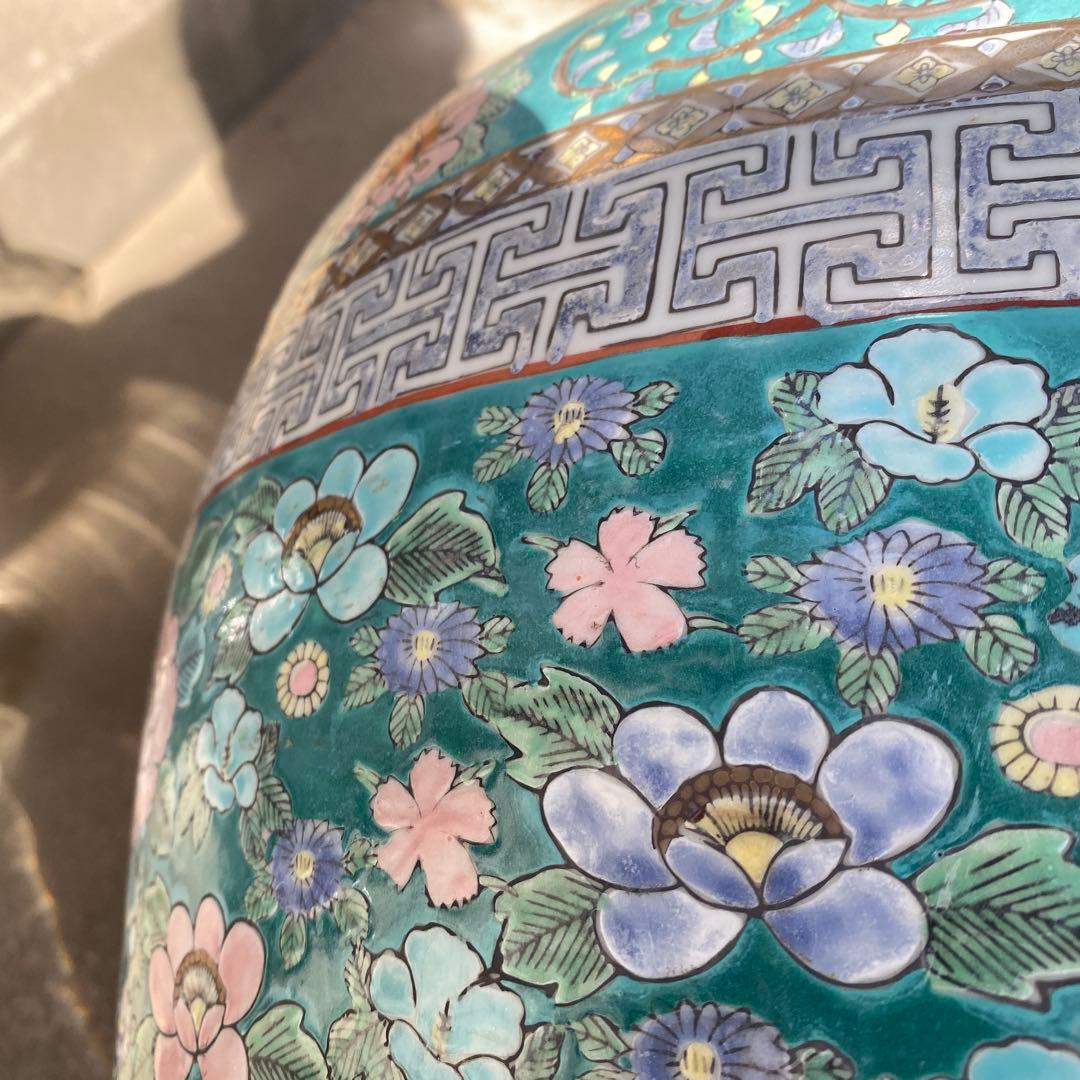 中国古玩　青系花柄陶器製水鉢37cm28cm