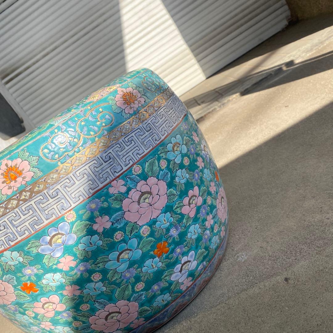中国古玩　青系花柄陶器製水鉢37cm28cm