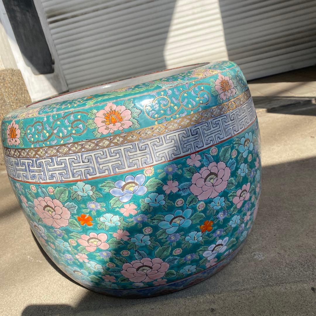 中国古玩　青系花柄陶器製水鉢37cm28cm