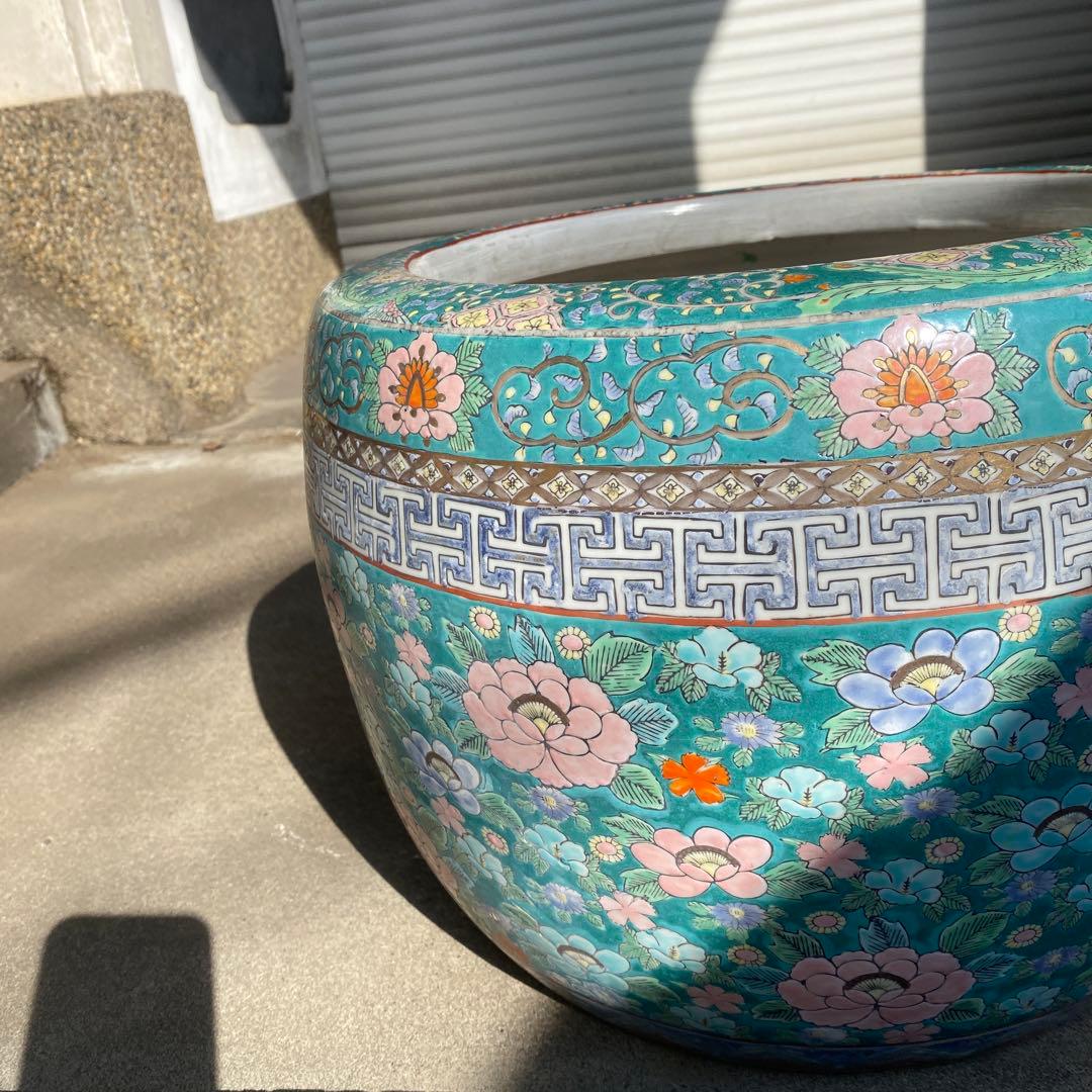 中国古玩　青系花柄陶器製水鉢37cm28cm