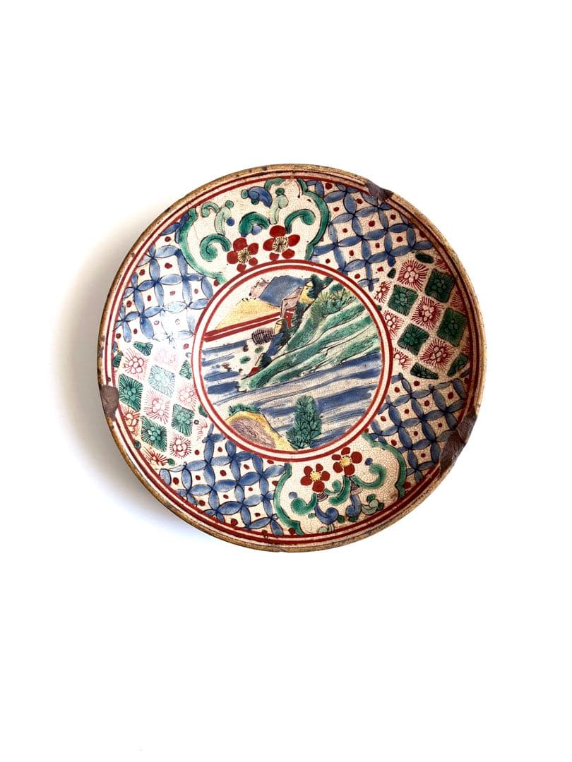 古九谷焼【骨董品/幕末】希少 色絵 山水花紋 深皿 深鉢 青九谷 古