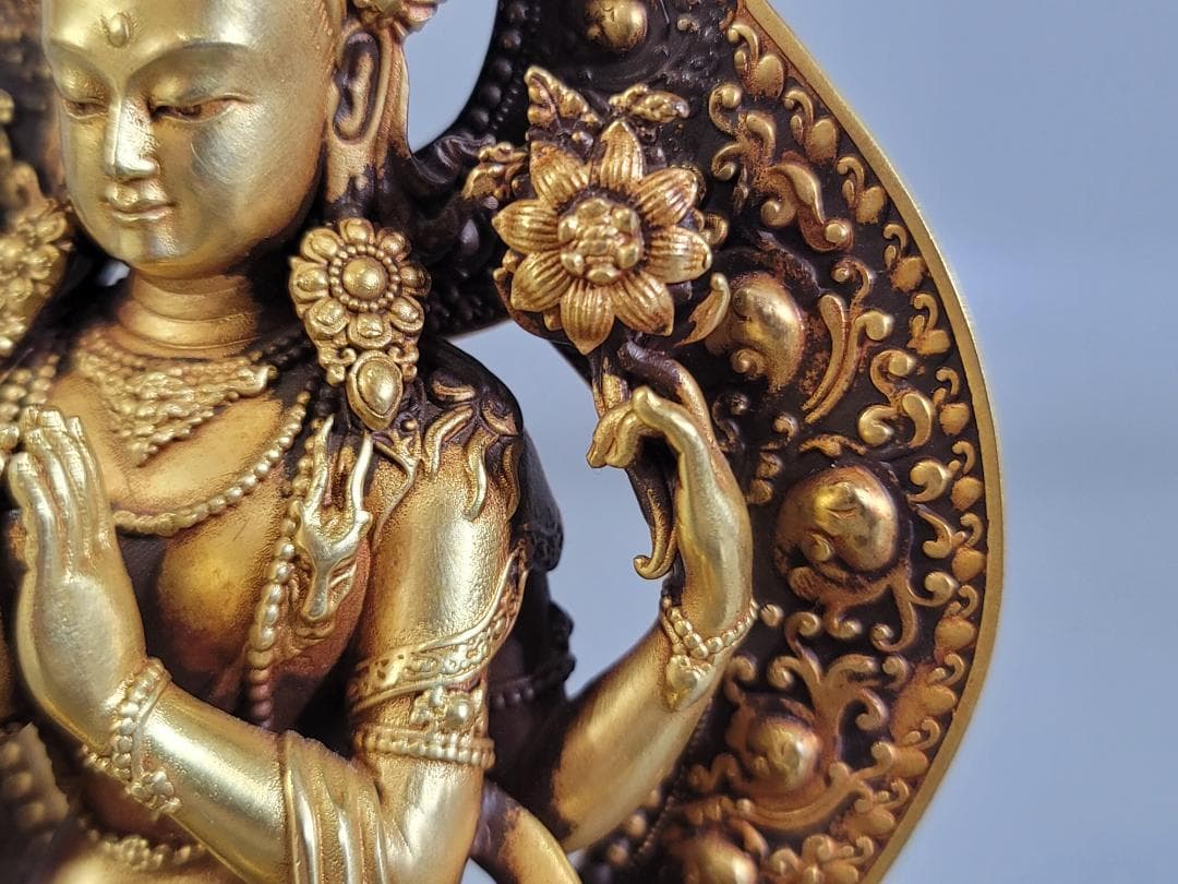 仏教古美術 古銅塗金彫刻 四臂観音仏像 明永楽年施款