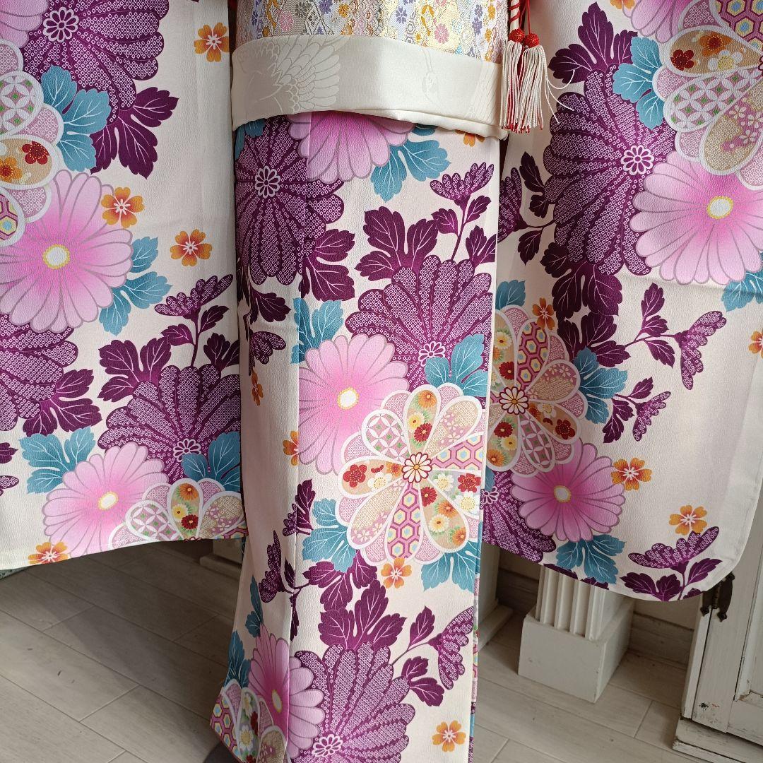 新品クリーム色に大きな花模様の着物と作り帯フルセット☆七五三