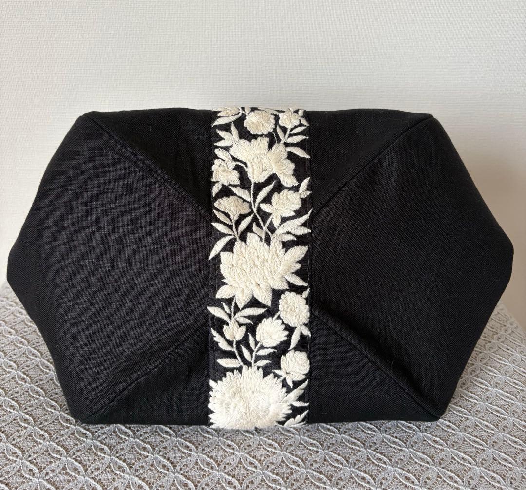 ❤️着物お出かけバンブーbag 気品溢れる大人Black 豪華刺繍上質リネン仕様