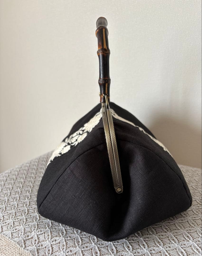 ❤️着物お出かけバンブーbag 気品溢れる大人Black 豪華刺繍上質リネン仕様