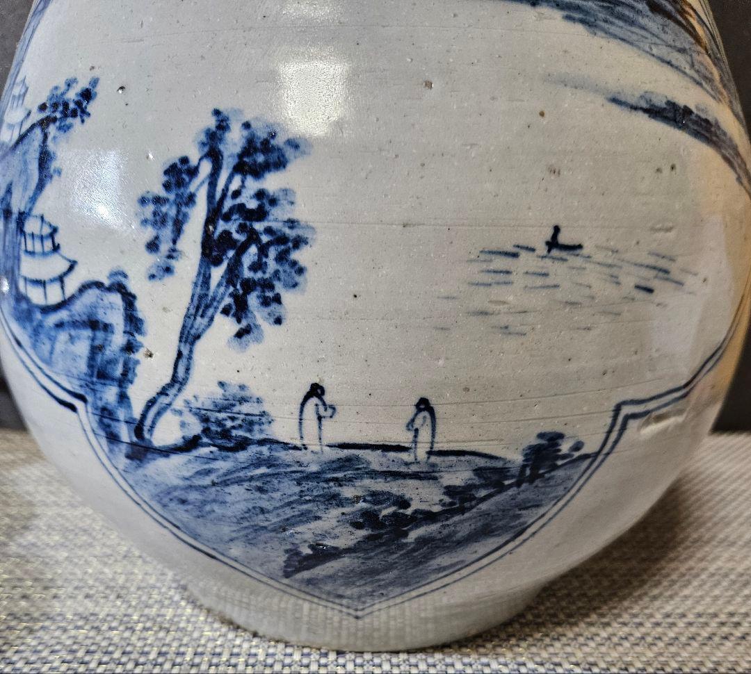 李朝 青華 染付 楼閣山水人物図 大瓶 大壺 高 約37.2