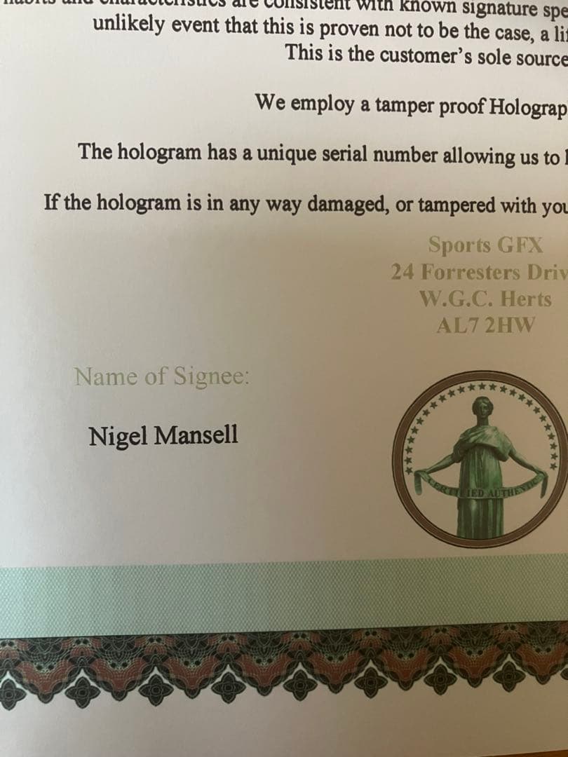 ナイジェル　マンセル　ウィリアムズ　ルノー　直筆サイン　証明書付き　モナコGP