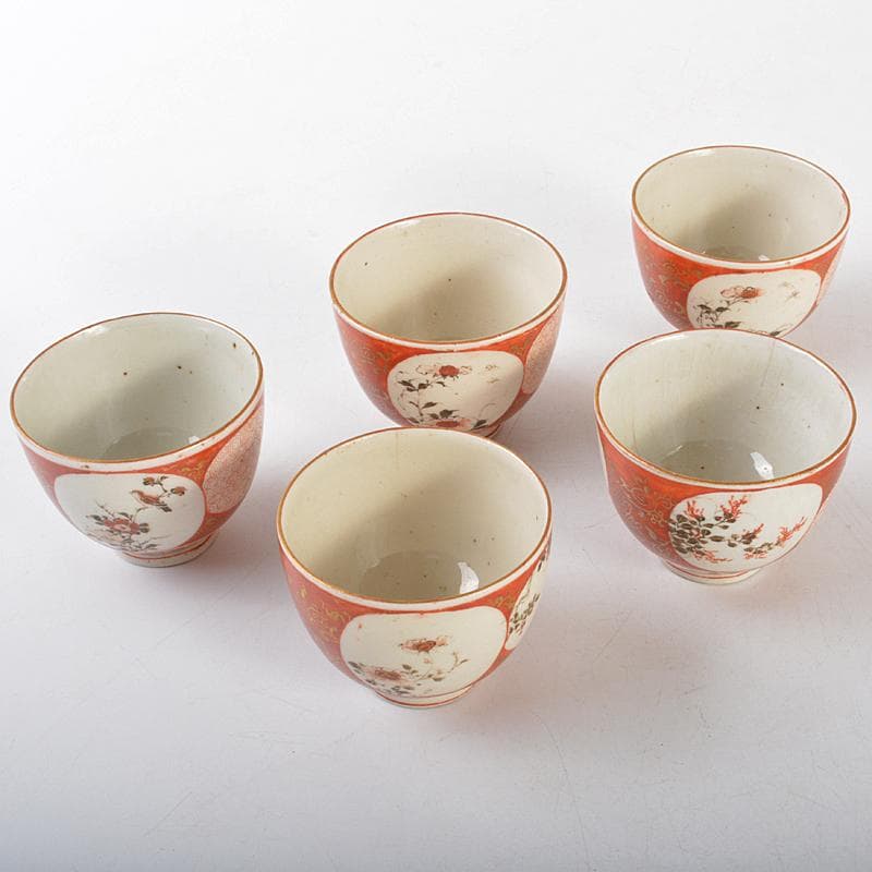 煎茶道具 九谷焼 赤絵金彩 人物花文 煎茶碗 五客 碗筒付 M R7118