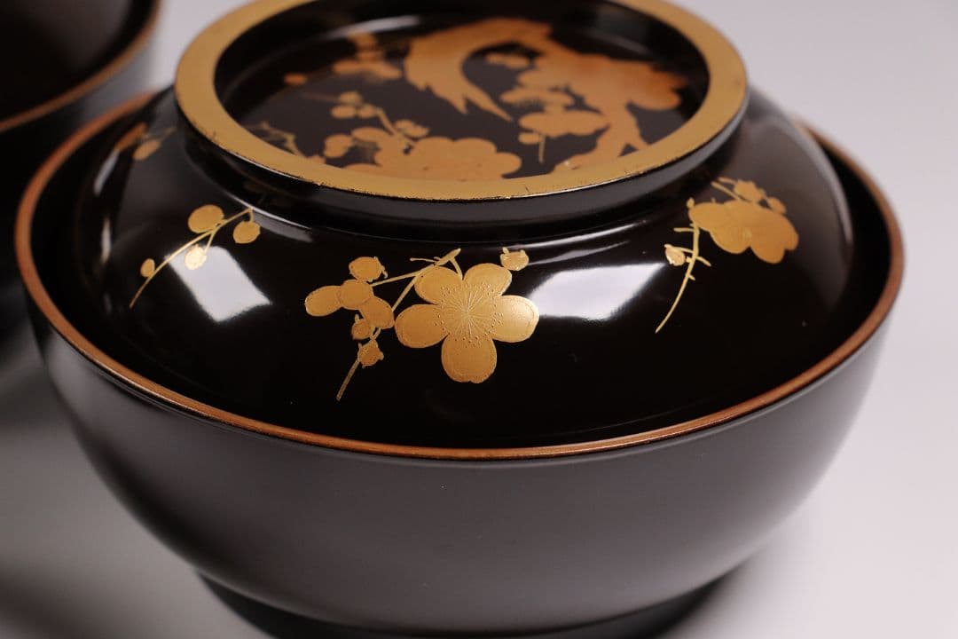 CG79 時代輪島塗 梅金蒔絵 金縁 黒塗椀 五客 木製漆器 / 懐石煮物吸物