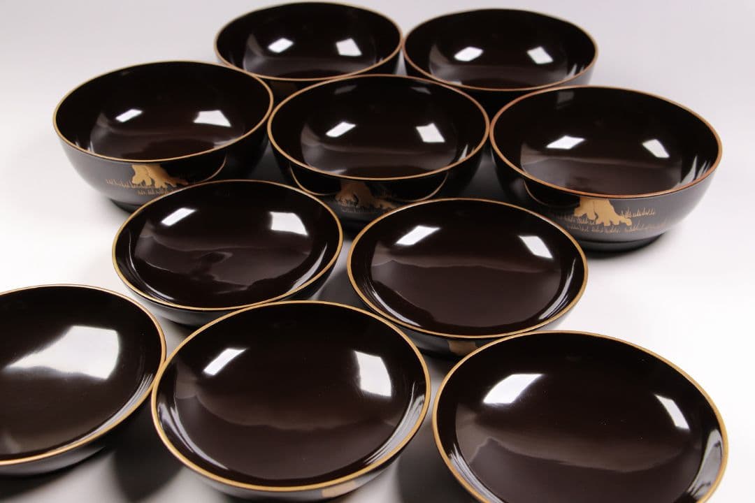 CG79 時代輪島塗 梅金蒔絵 金縁 黒塗椀 五客 木製漆器 / 懐石煮物吸物