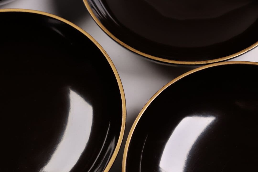 CG79 時代輪島塗 梅金蒔絵 金縁 黒塗椀 五客 木製漆器 / 懐石煮物吸物