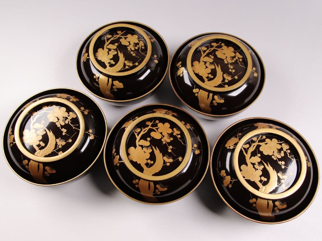 CG79 時代輪島塗 梅金蒔絵 金縁 黒塗椀 五客 木製漆器 / 懐石煮物吸物