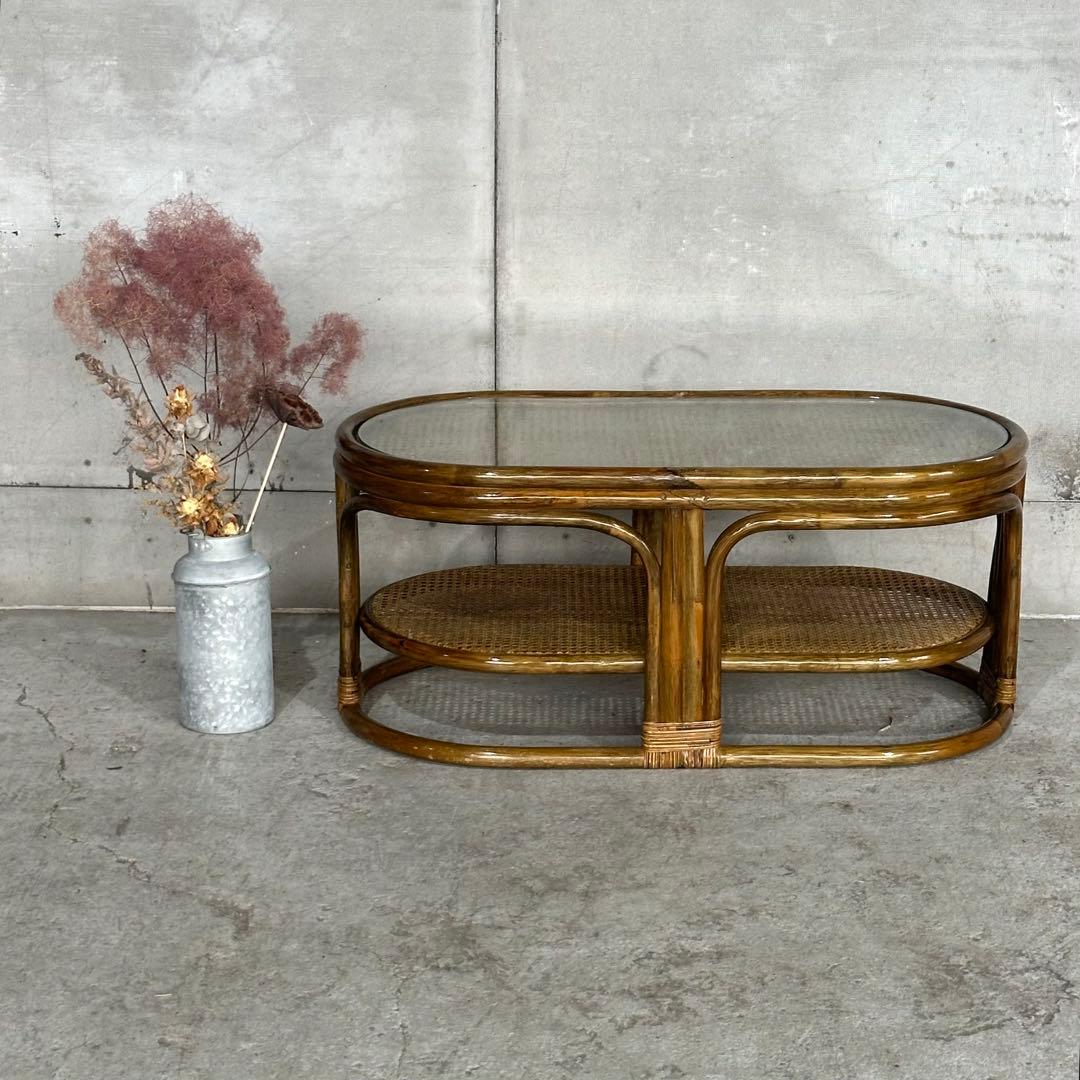 ✿昭和レトロ✿ 藤 オールドラタン ガラストップテーブル 棚付き