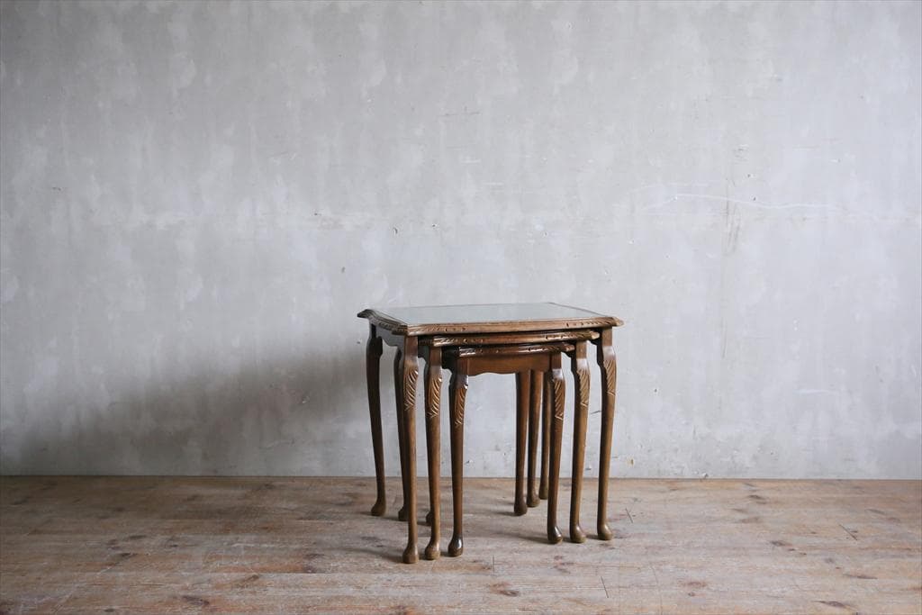 英国アンティーク猫脚ネストテーブル3台/木製机/サイドテーブ